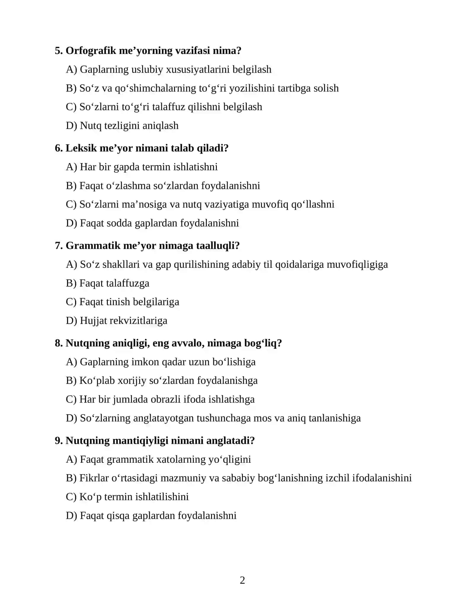 O‘ZBEK TILINING SOHADA QO‘LLANILISHI FANIDAN 100 TA TEST 2