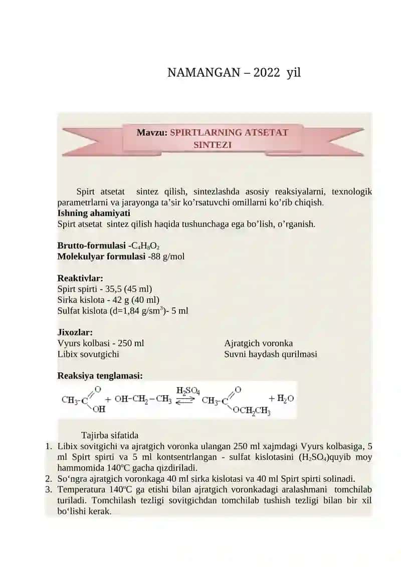 SPIRTLARNING ATSETAT SINTEZI 2