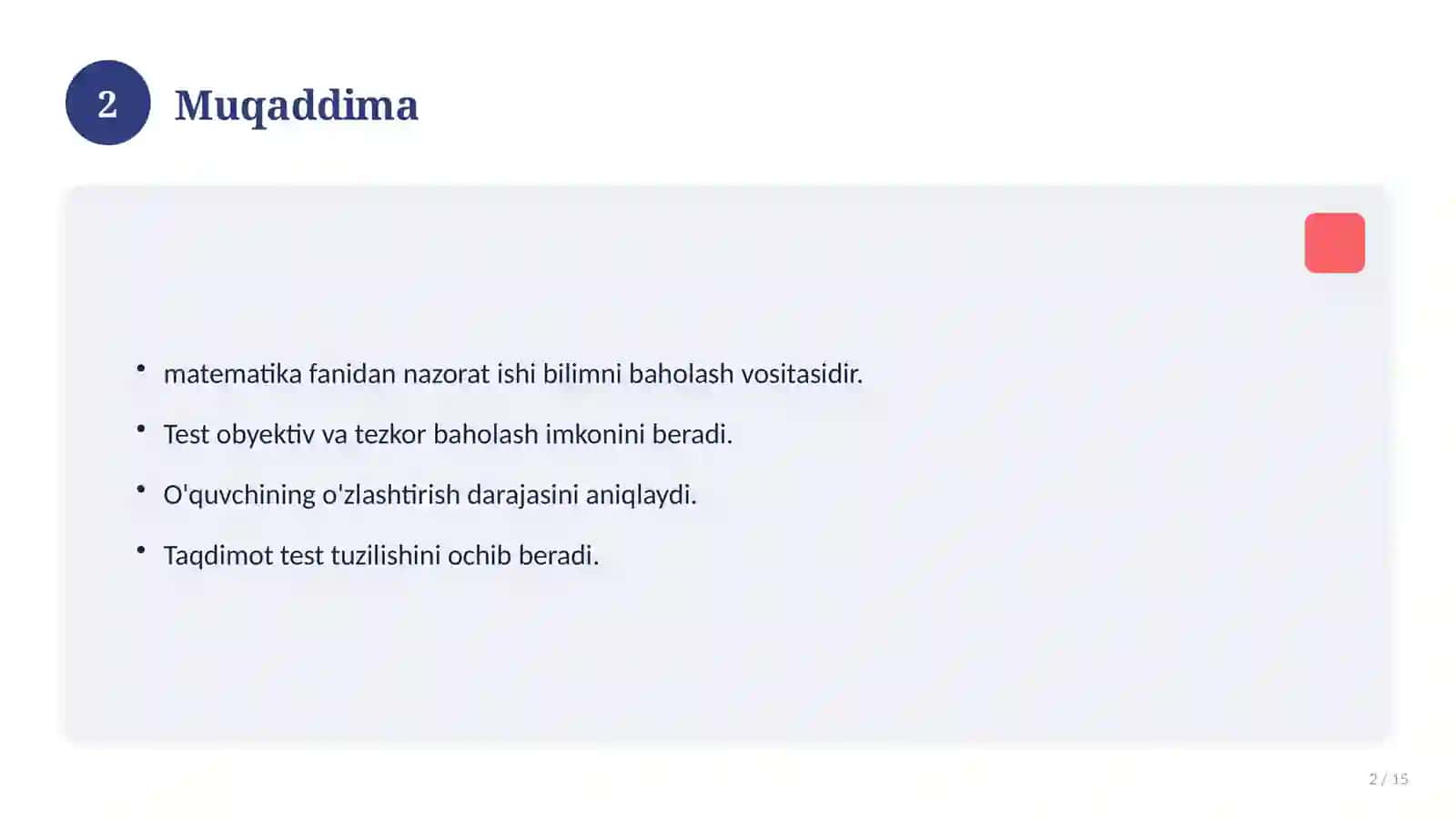 1-sinf matematika fanidan nazorat ishi 2