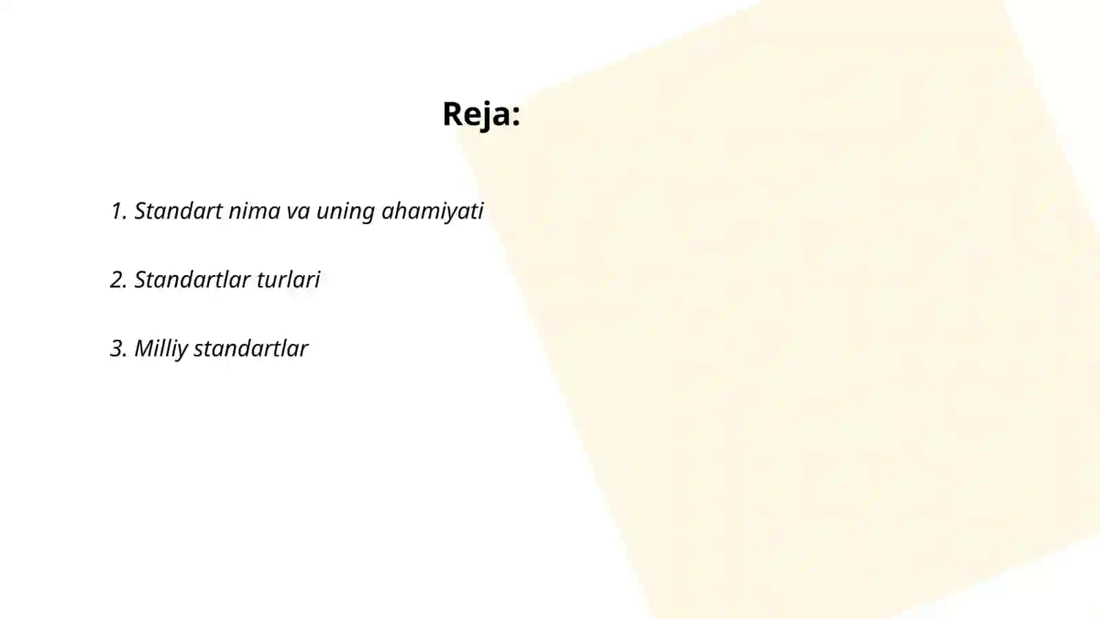 Standart, ularning turlari, ishlab chiqish tartiblari, tasdiqlanishi va ro'yxatdan o'tkazish tartib qoidalarini o'rganish 2