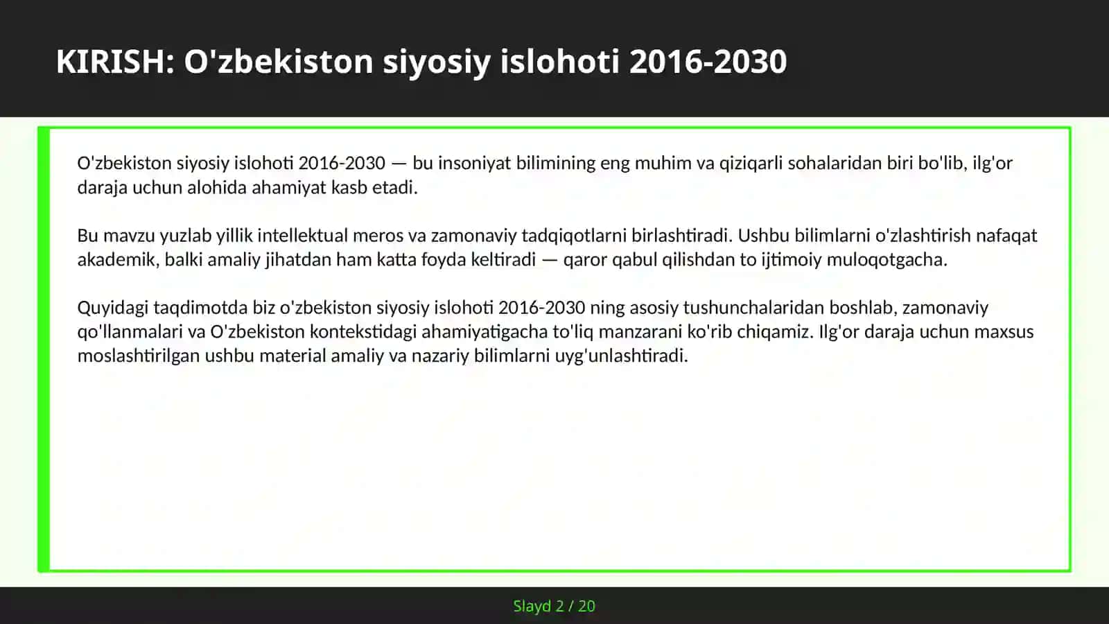 O'ZBEKISTON SIYOSIY ISLOHOTI 2016-2030 2
