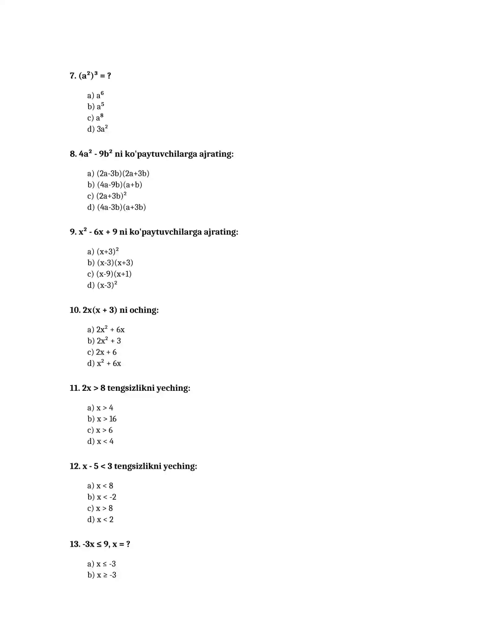 7-SINF MATEMATIKA FANI BO'YICHA TEST SAVOLLARI 2