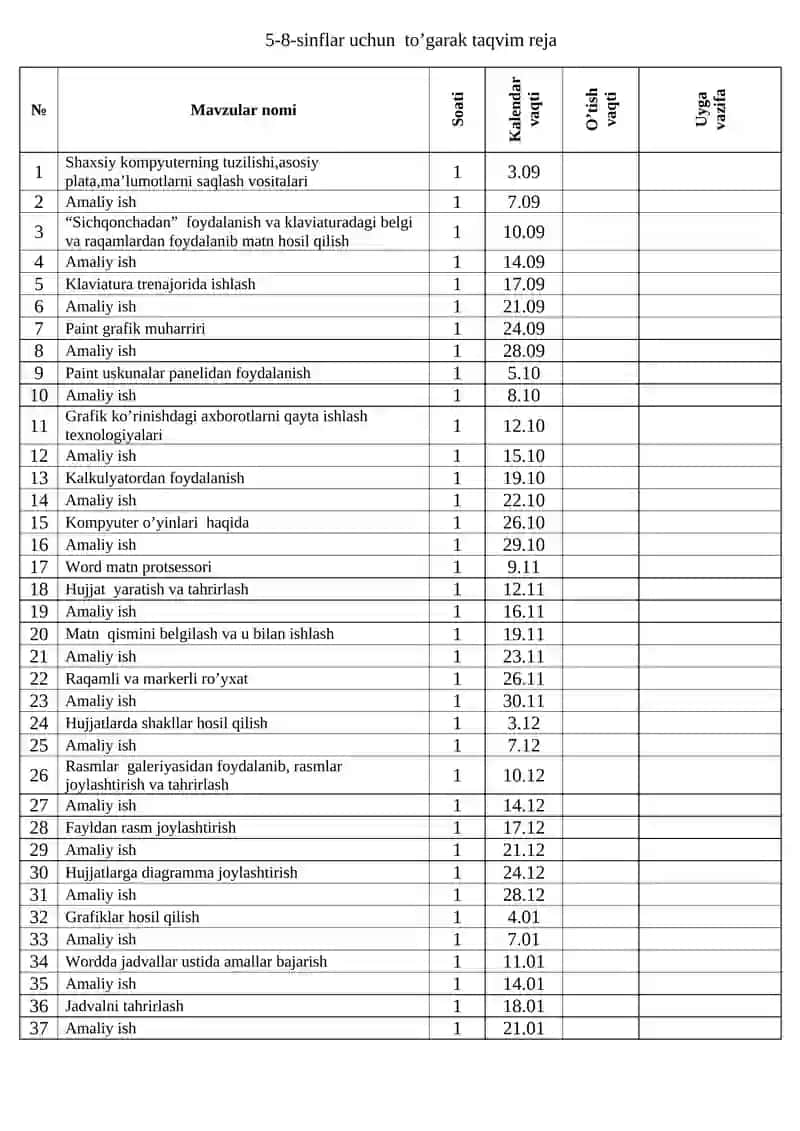 5-6-sinflar uchun to’garak taqvim reja 2