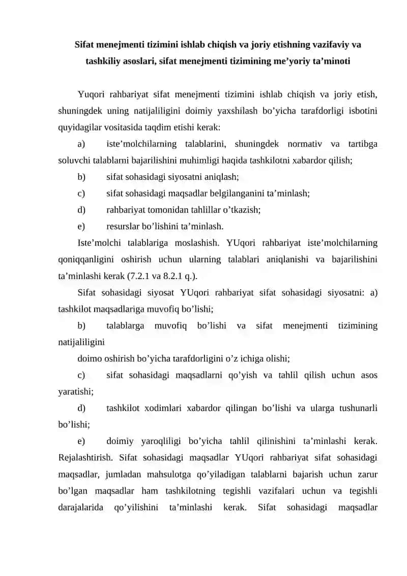 Sifat menejmenti tizimini joriy etish 2
