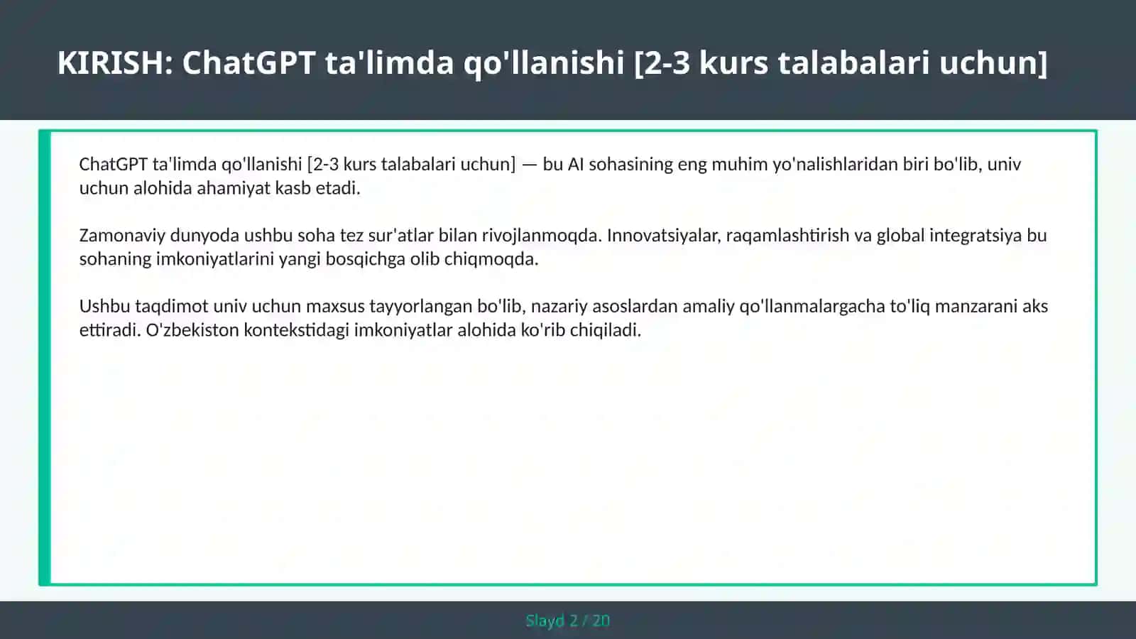 ChatGPT ta'limda qo'llanishi [2-3 kurs talabalari uchun] 2
