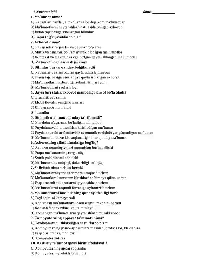 10-sinf informatika test yillik 2