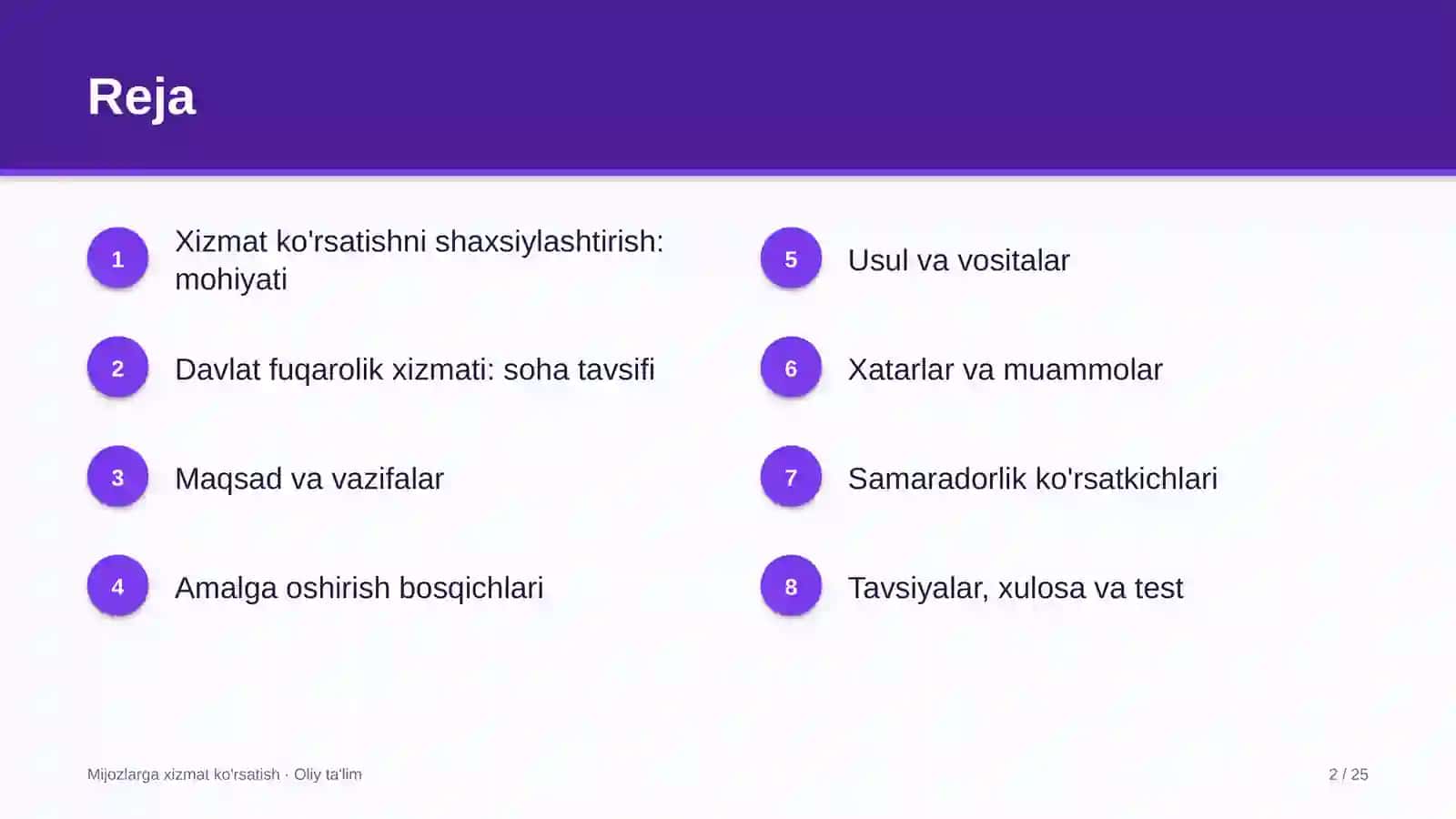 MIJOZLARGA XIZMAT KO'RSATISH · OLIY TA'LIM 2