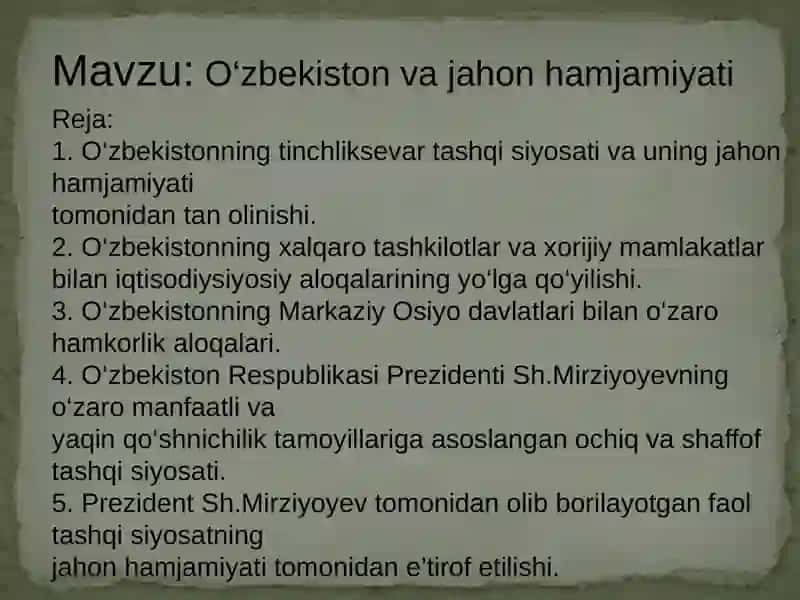 O‘zbekiston va jahon hamjamiyati 2