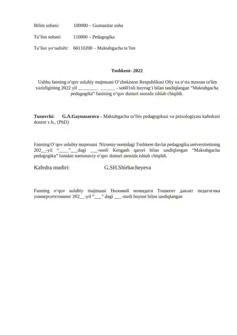 O'quv uslubiy majmua "Maktabgacha pedagogika" 2