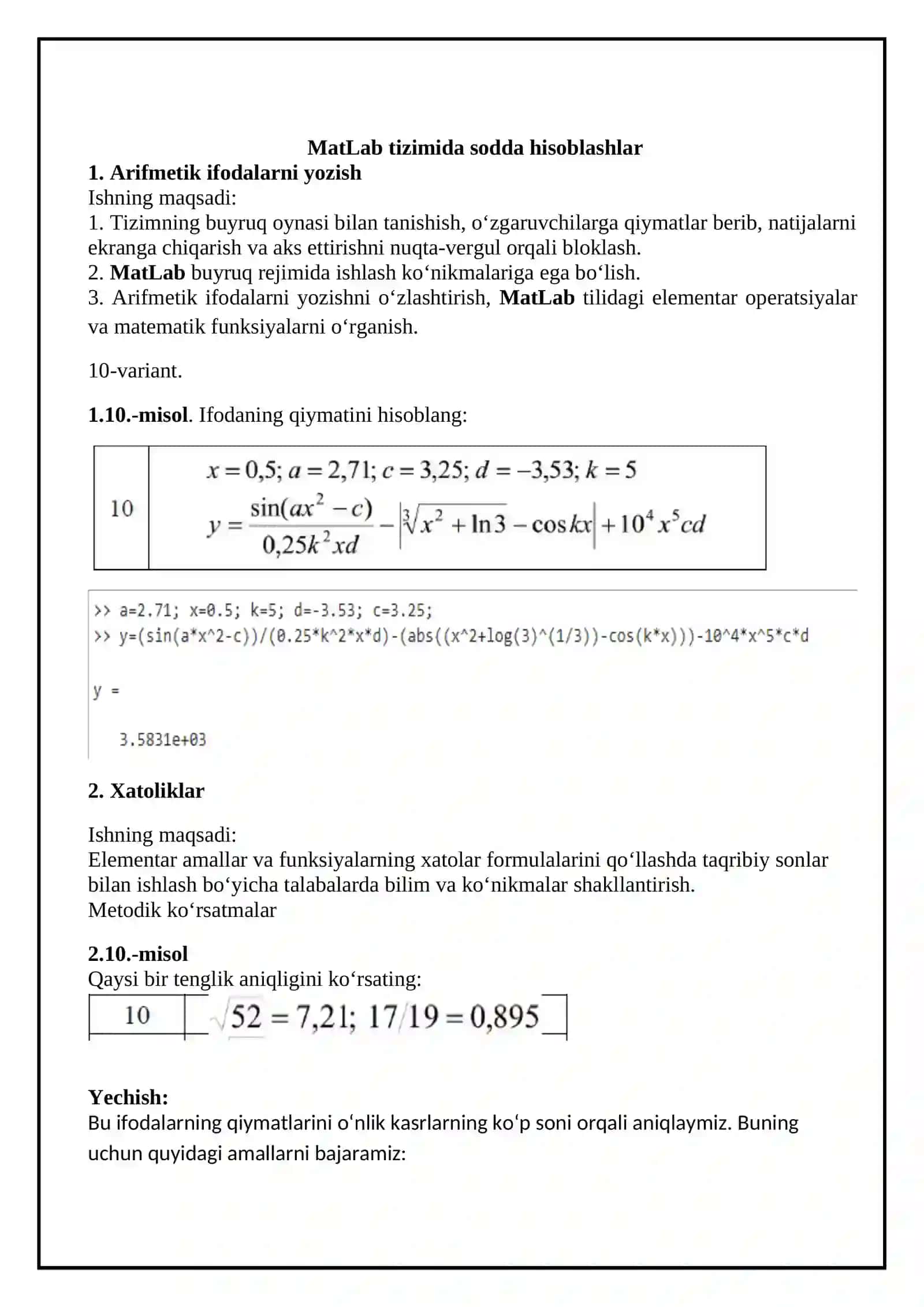 MatLab tizimida sodda hisoblashlar 2