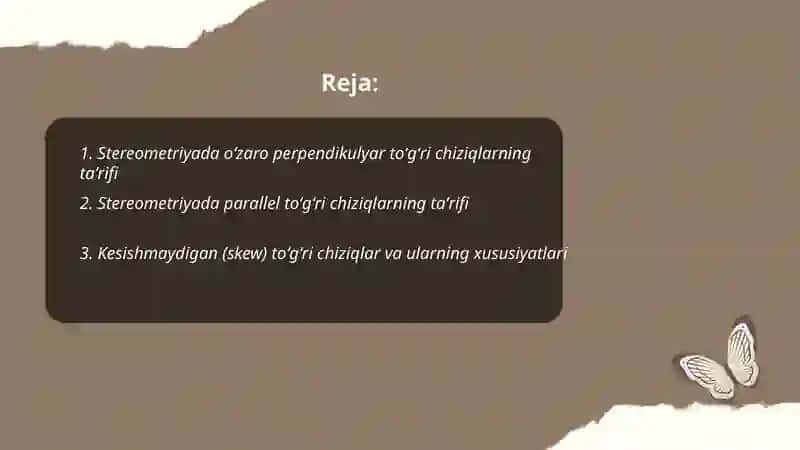 Stereometriyada oʻzaro perpendikulyar va parallel toʻgʻri chiziqlar 2