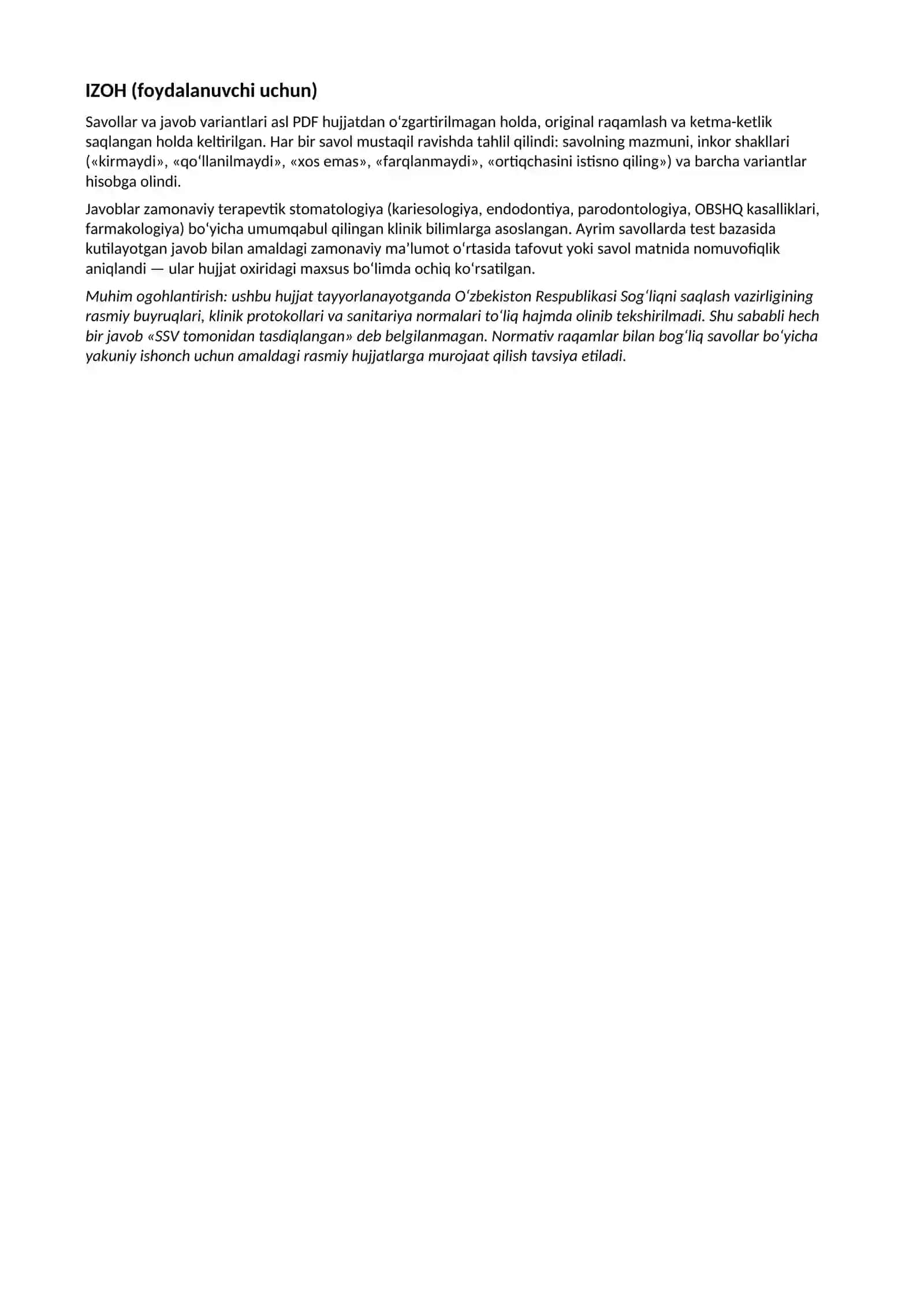 TERAPEVTIK STOMATOLOGIYA ATTESTATSIYA VA NOSTRIFIKATSIYA TEST BAZASI 2