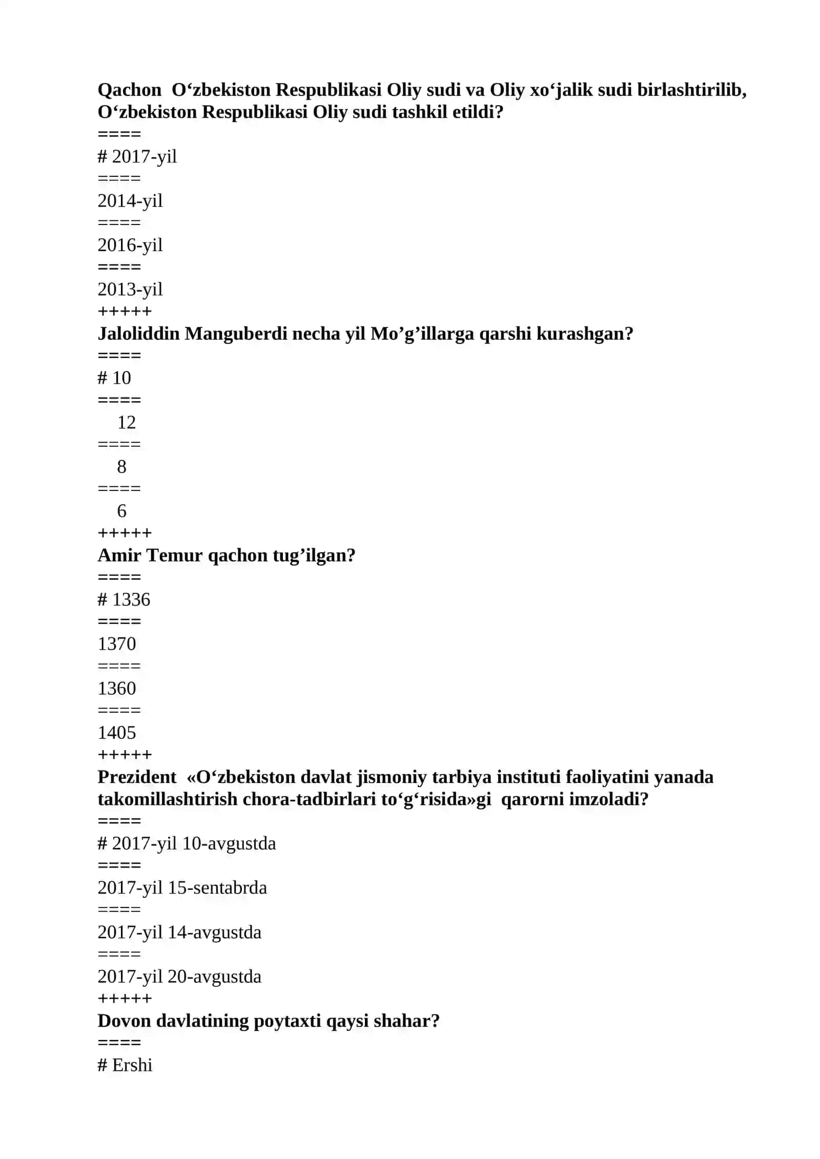 O‘zbekistonning еng yangi tarixi fanidan Yakuniy nazorat test savollari 2