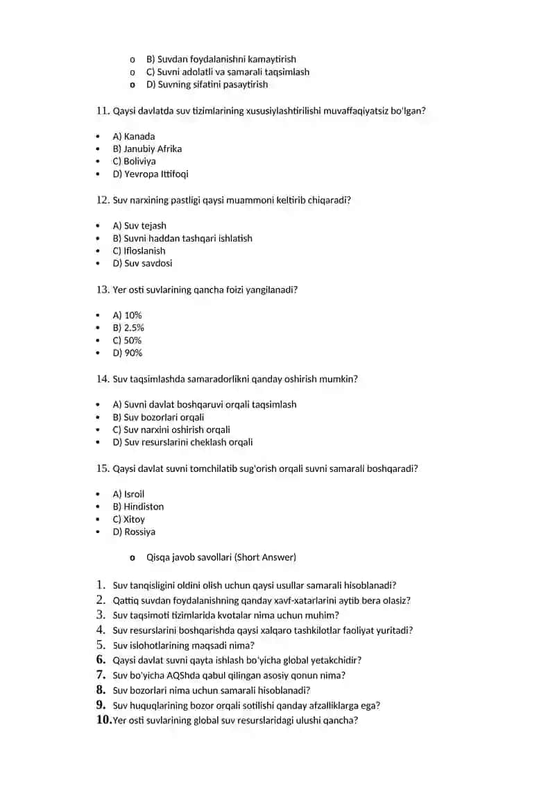 Test savollari (Multiple Choice) 2