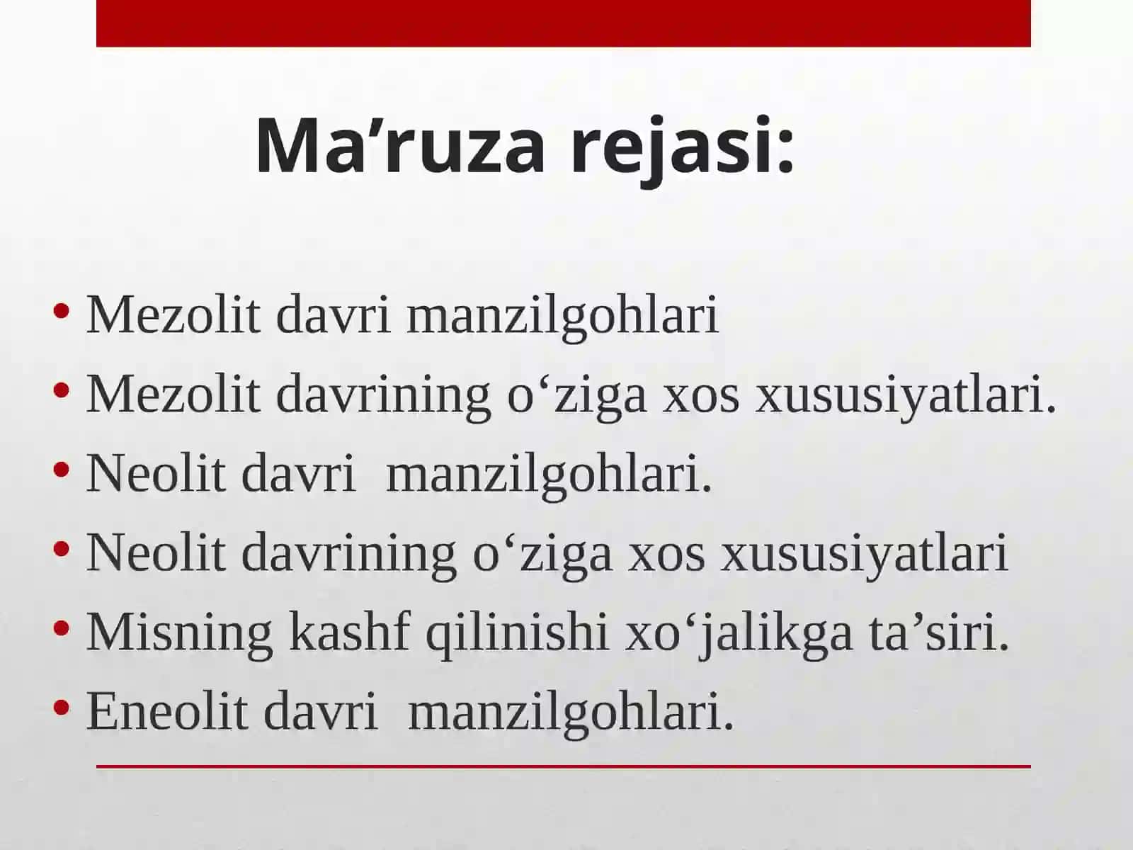 Ma’ruza rejasi: Mezolitdavri manzilgohlari 2