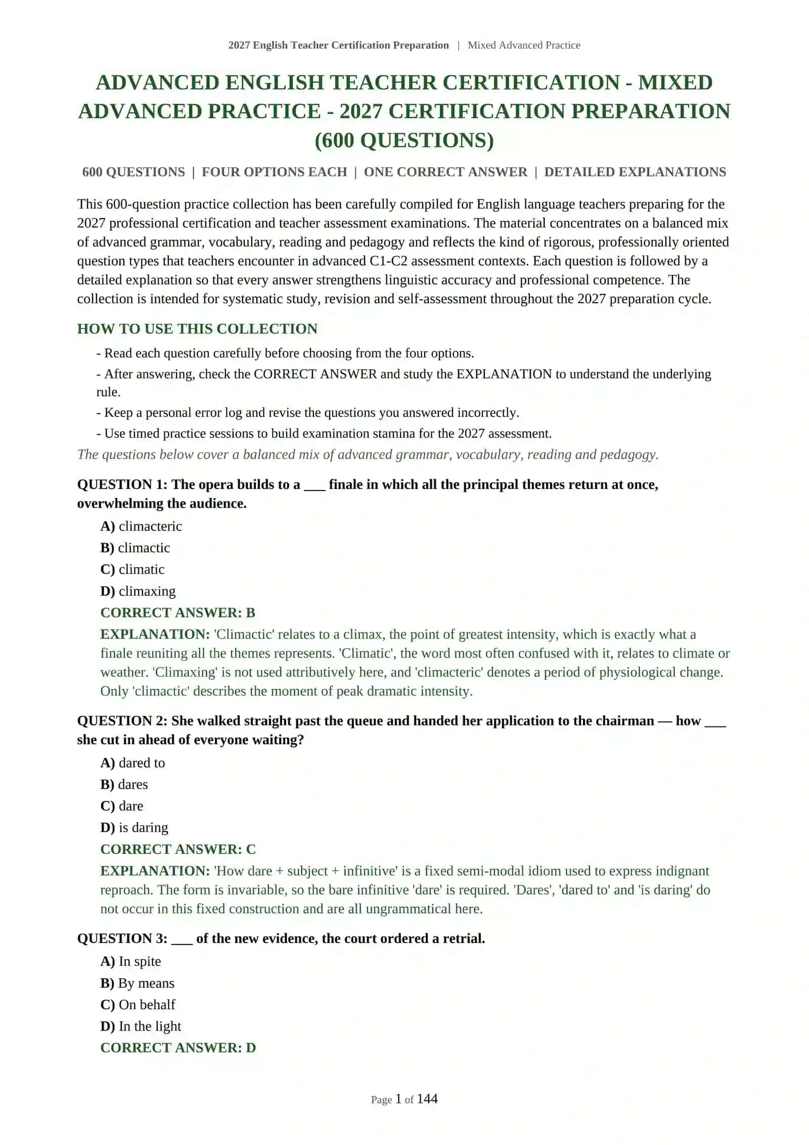 Advanced English Teacher Certification Preparation - Mixed Advanced Practice 2