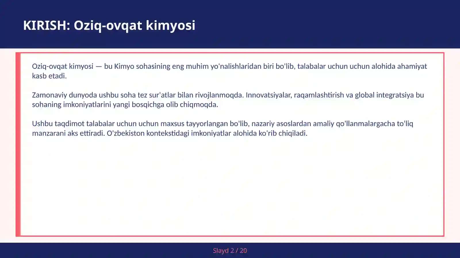 OZIQ-OVQAT KIMYOSI 2