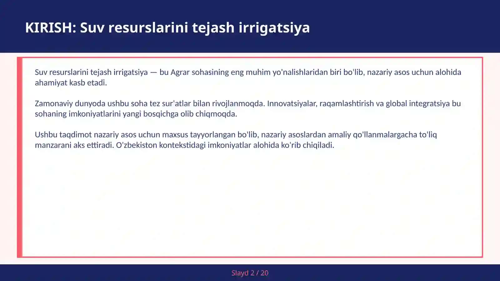 Suv resurslarini tejash irrigatsiya 2