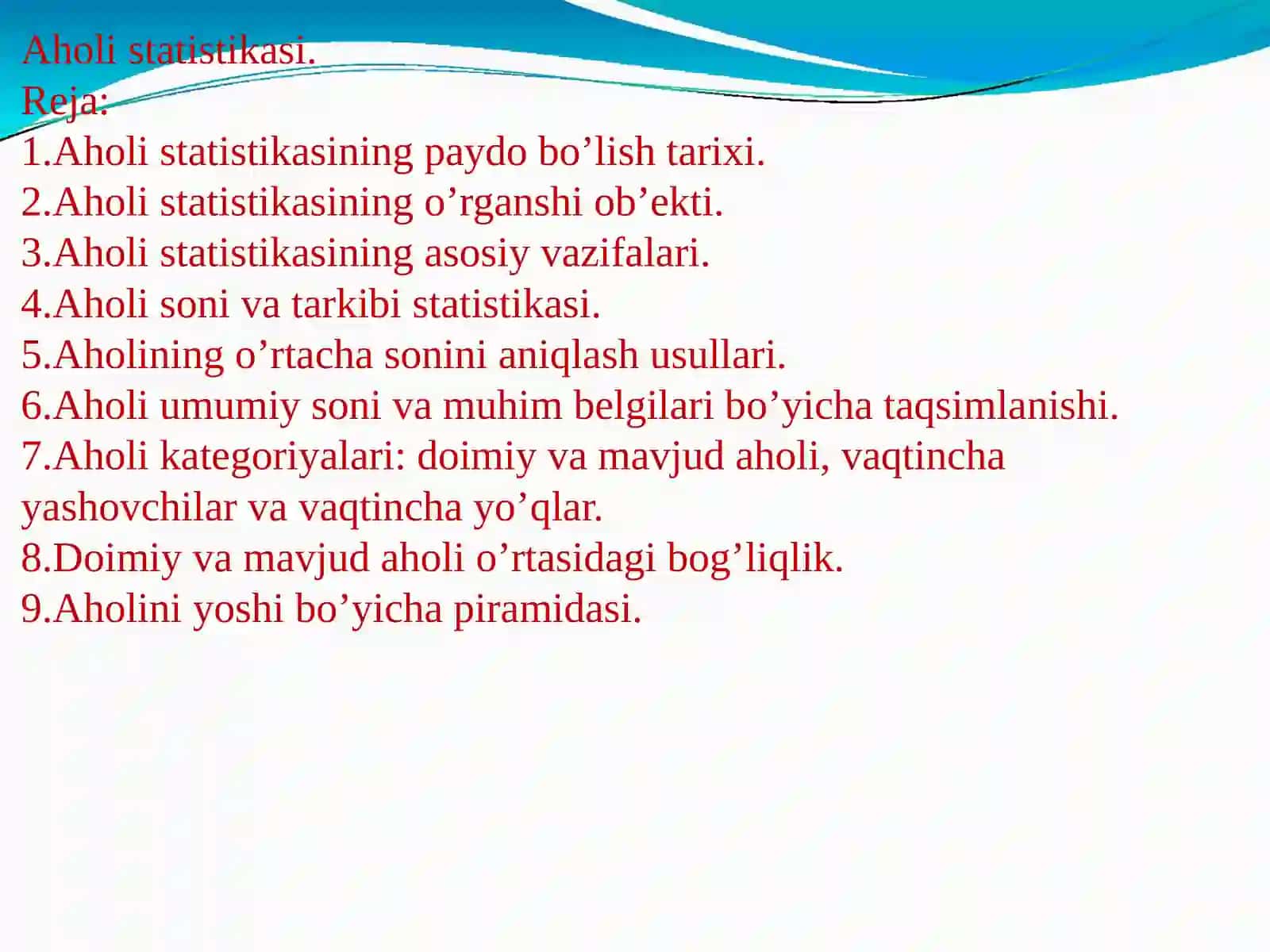 Аholi statistikasi.Reja:1 2
