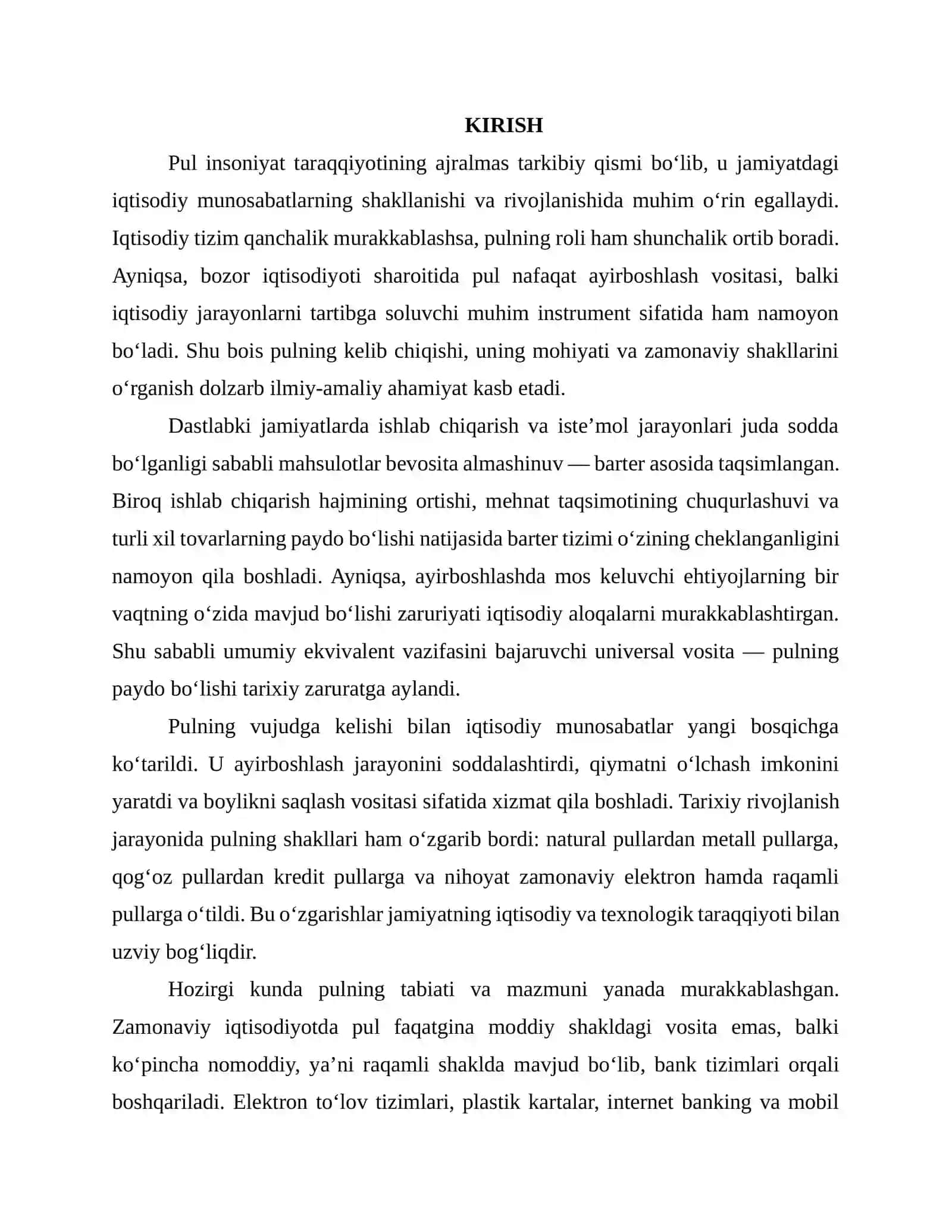 Pulning kelib chiqishi,mazmuni. Hozirgi zamon pulining tabiati va mazmuni kurs ishi 2