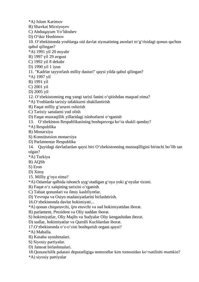 O’ZBEKISTONNING ENG YANGI TARIXI FANIDAN TEST 2
