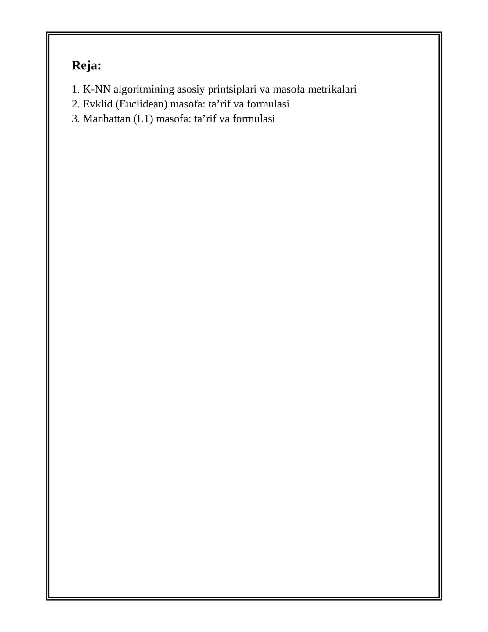 K-NN ALGORITMINING MASOFA METRIKALARI (EUCLIDEAN, MANHATTAN) 2