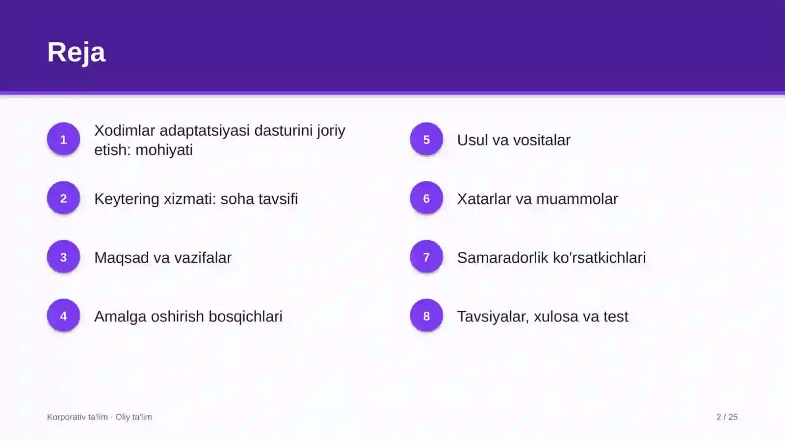 Keytering xizmatida xodimlar adaptatsiyasi dasturini joriy etish 2
