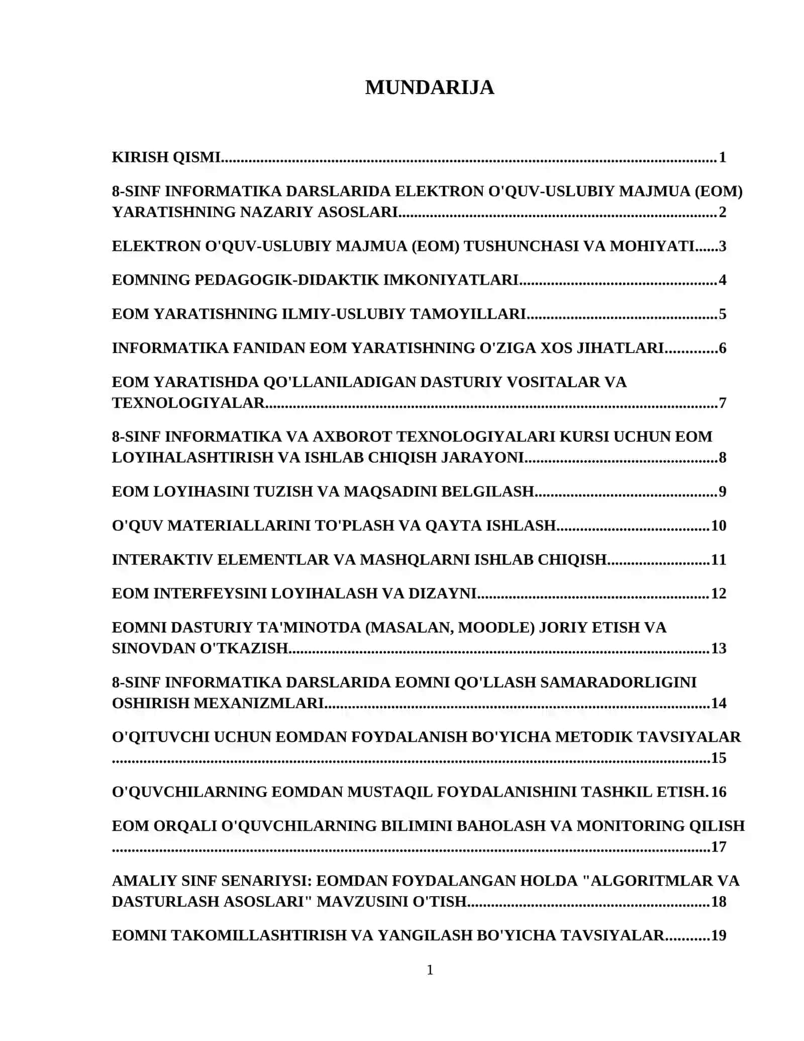 8-sinf Informatika va axborot texnologiyalari fanidan elektron o'quv-uslubiy majmua yaratish metodikasi. 2