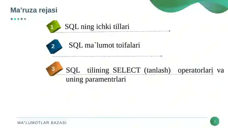 SQL tili va SQL operatorlarini yozish 2