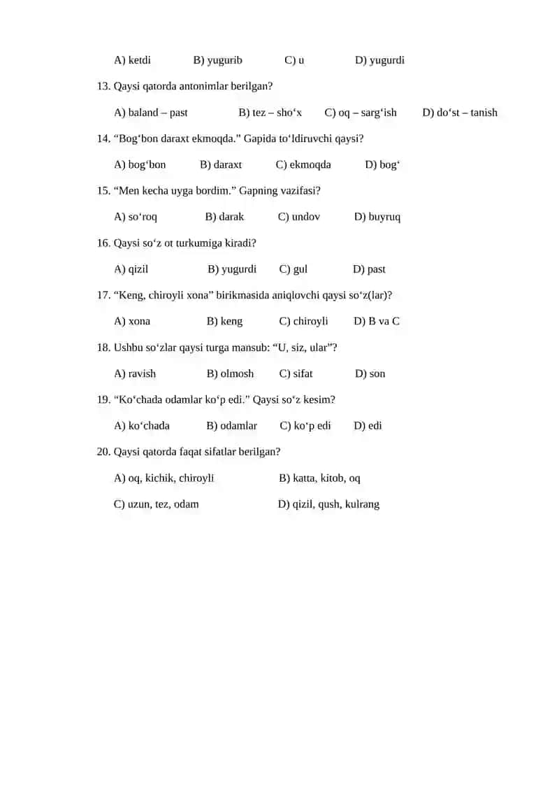 9-sinf Ona tili — 20 ta test 2