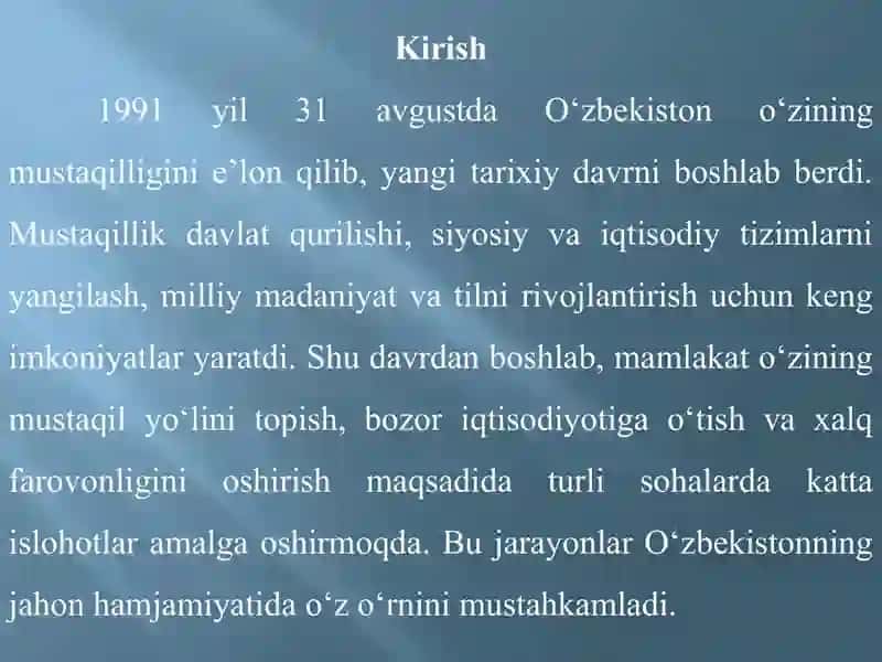 O‘zbekistonning mustaqillikdan keyingi taraqqiyoti 2