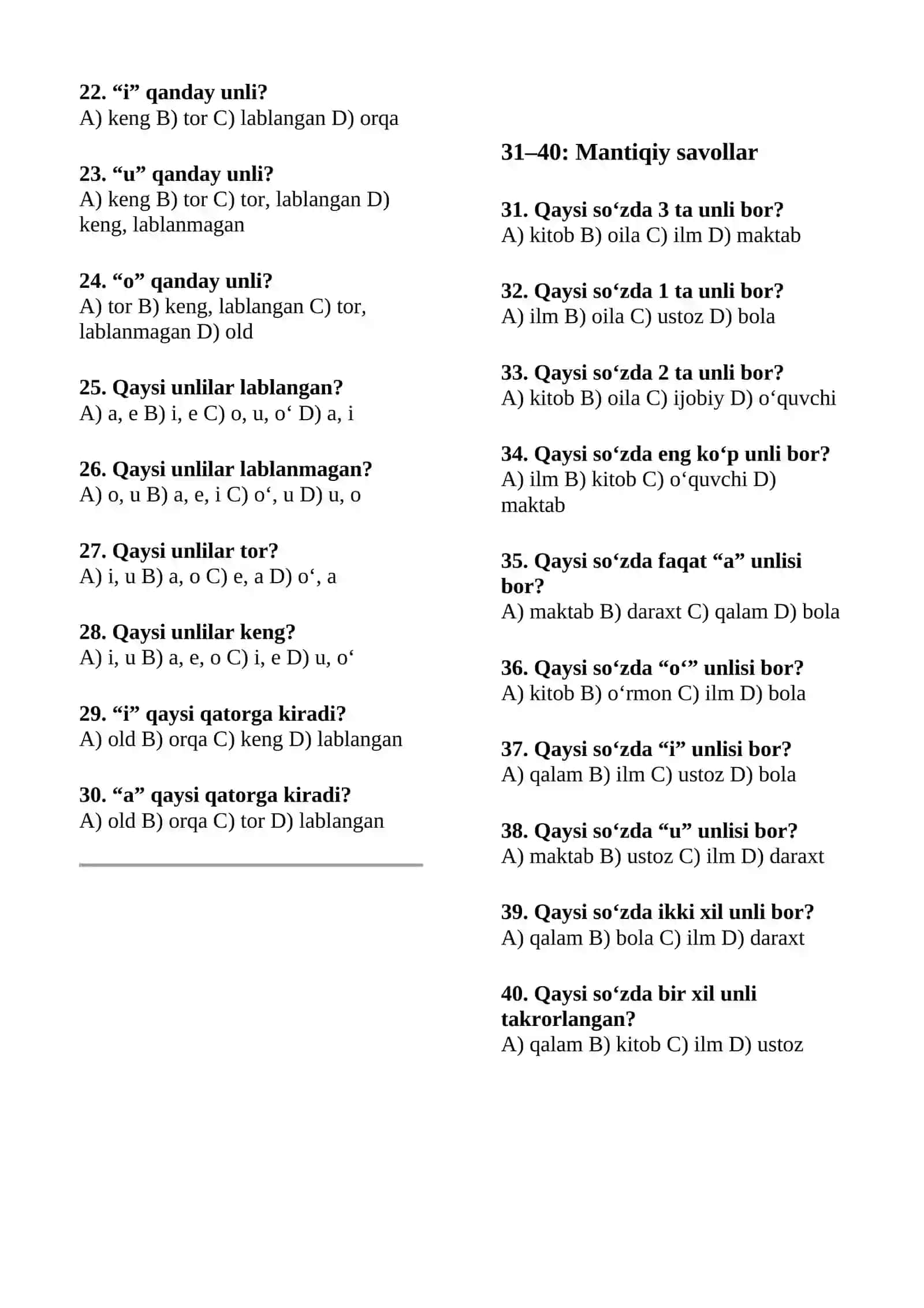 5-sinf ona tili- unlilar 40talik test 2