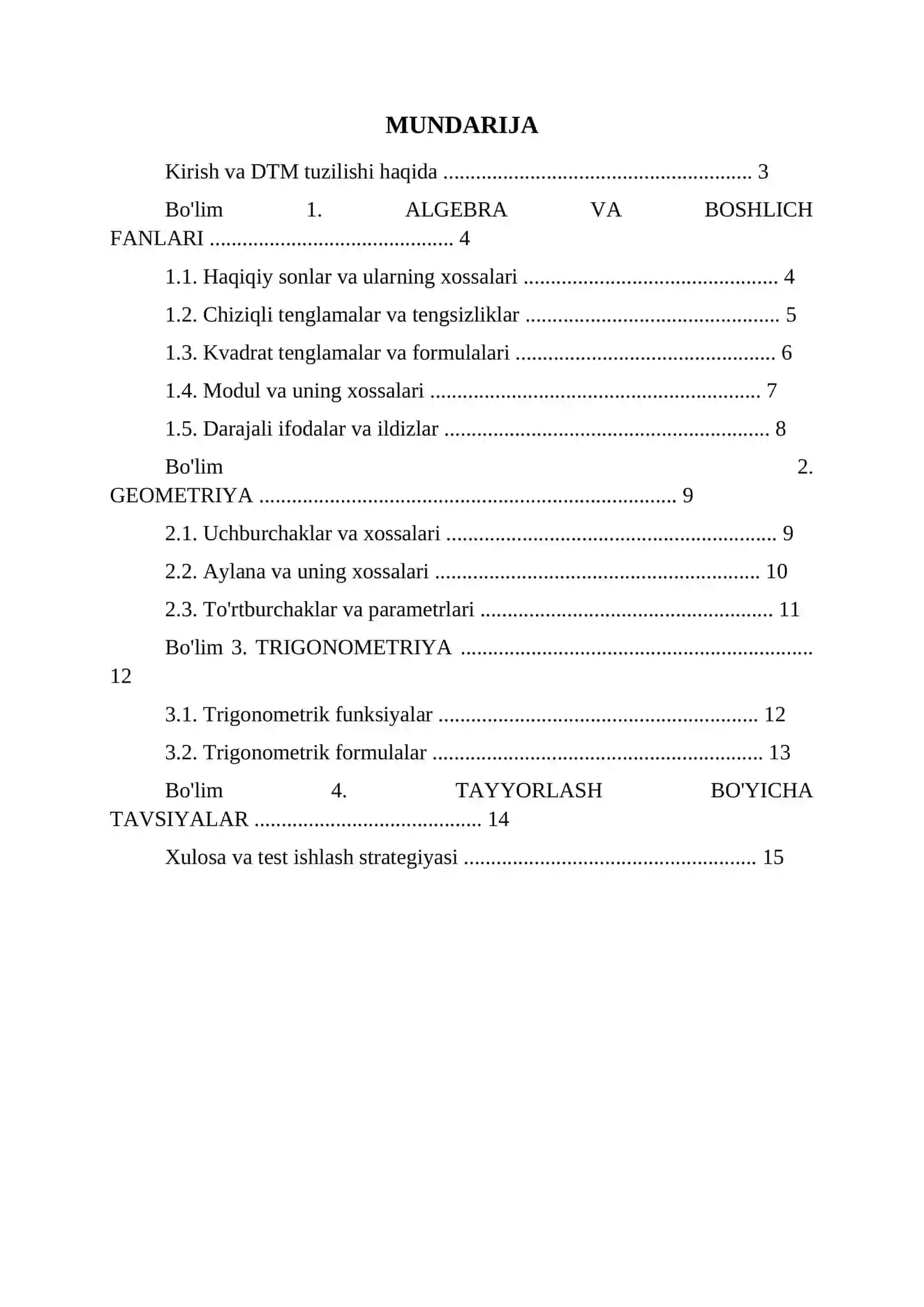 MATEMATIKA BO'YICHA DTM TAYYORGARLIK 2