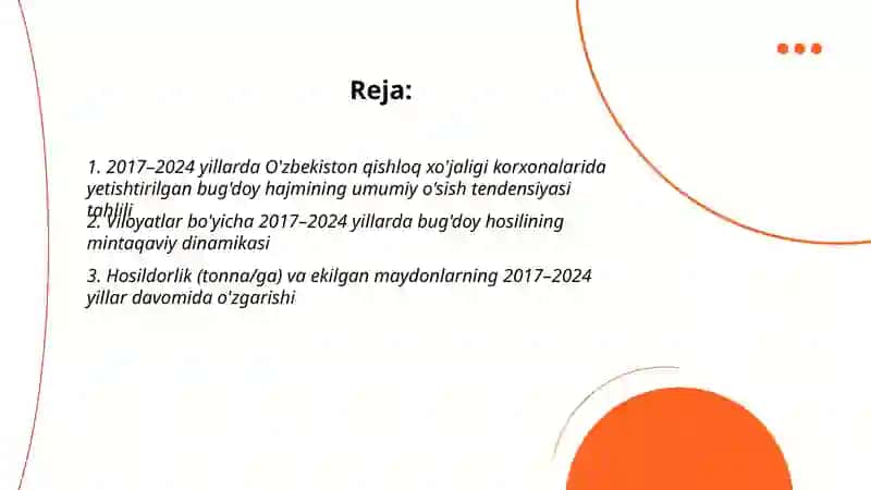 O'zbekiston qishloq xo'jaligi korxonalarida yetishtirilgan bug'doy hajmining 2017-2024 yillarda o'sish dinamikasi tahlili 2