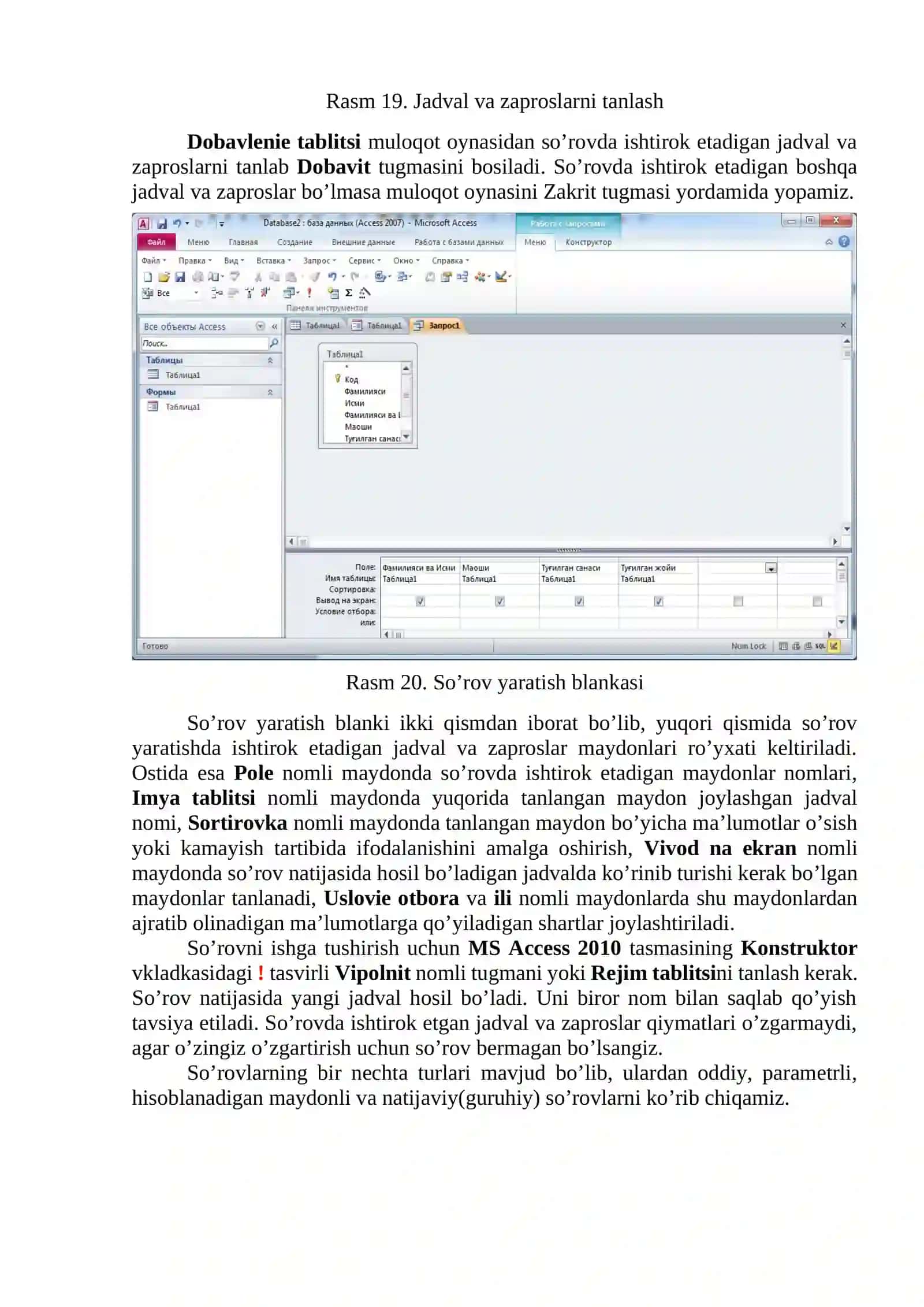 MS Access 2010ning so’rov ob’yekti 2