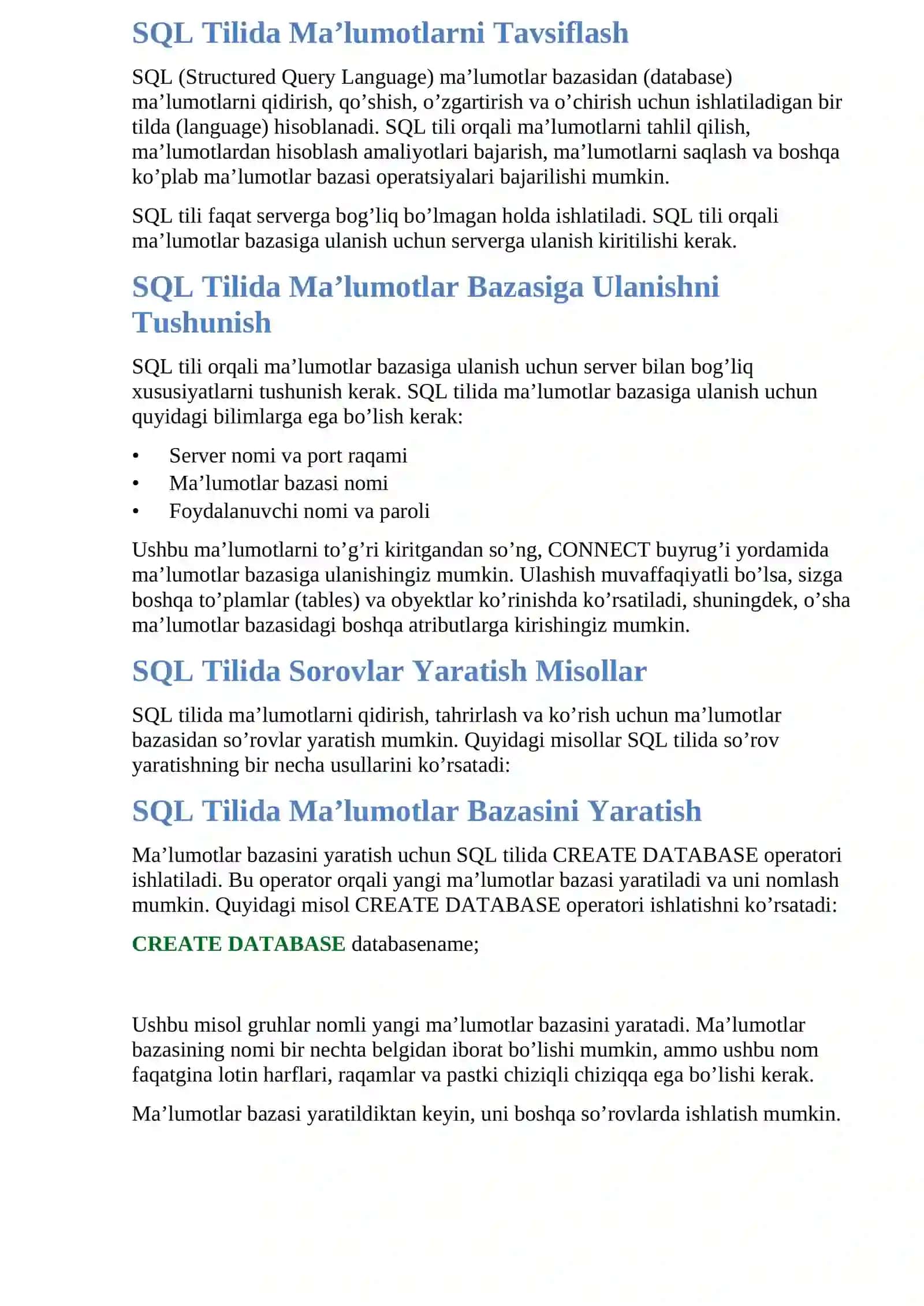 SQL Tilida Ma'lumotlarni Tavsiflash 2