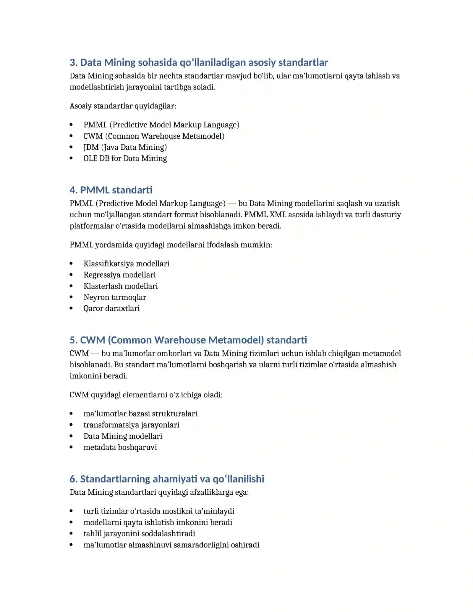 Data Mining-ning boshqa standartlari 2