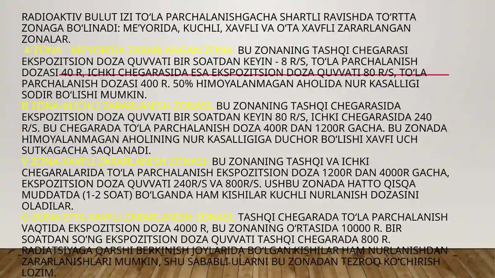 FAVQULOTDA VAZIYATNI BAHOLASH. RADIATSION HOLAT. RADIOAKTIV ZARARLANISH MANBALARI. RADIOAKTIV ZARARLANISH ZONALARI TAVSIFI 2