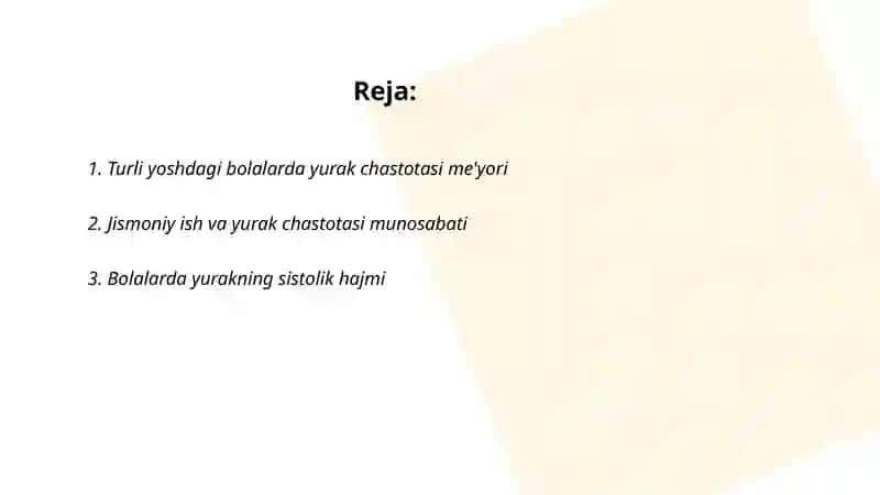 Turli yoshdagi bolalarda me'yorda va jismoniy ishdan keyingi yurak chastotasi aniqlanib, yurakning sistolik va minutlik hajmini aniqlash. 2