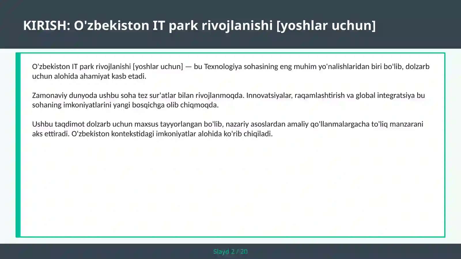 O'zbekiston IT park rivojlanishi [yoshlar uchun] 2