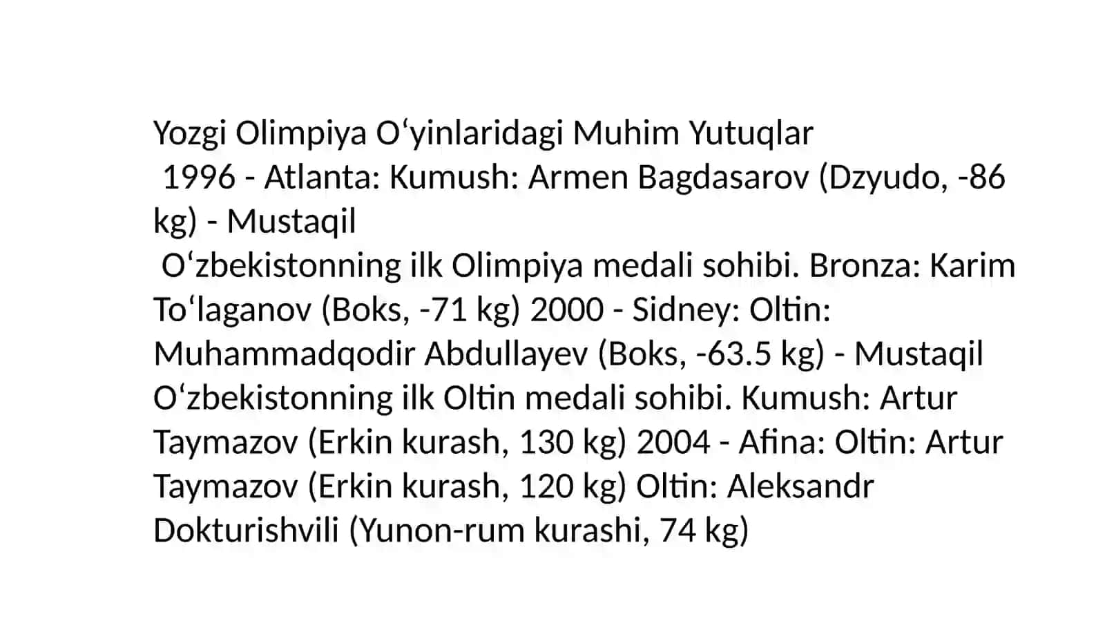 Olimpiya Oʻyinlaridagi yutuqlar 2