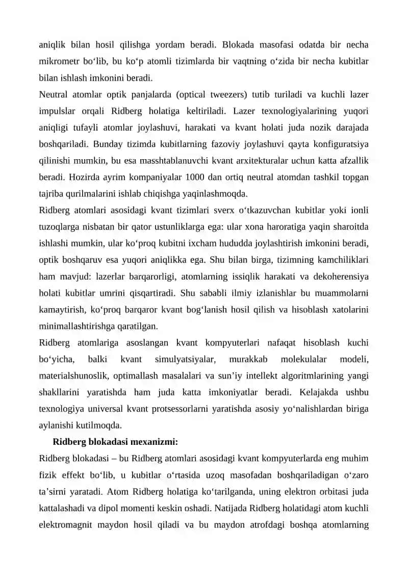 Kvant kompyuterlari uchun Ridberg atomlari 2