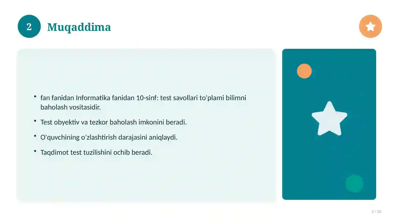 Informatika fanidan 10-sinf: test savollari to'plami 2