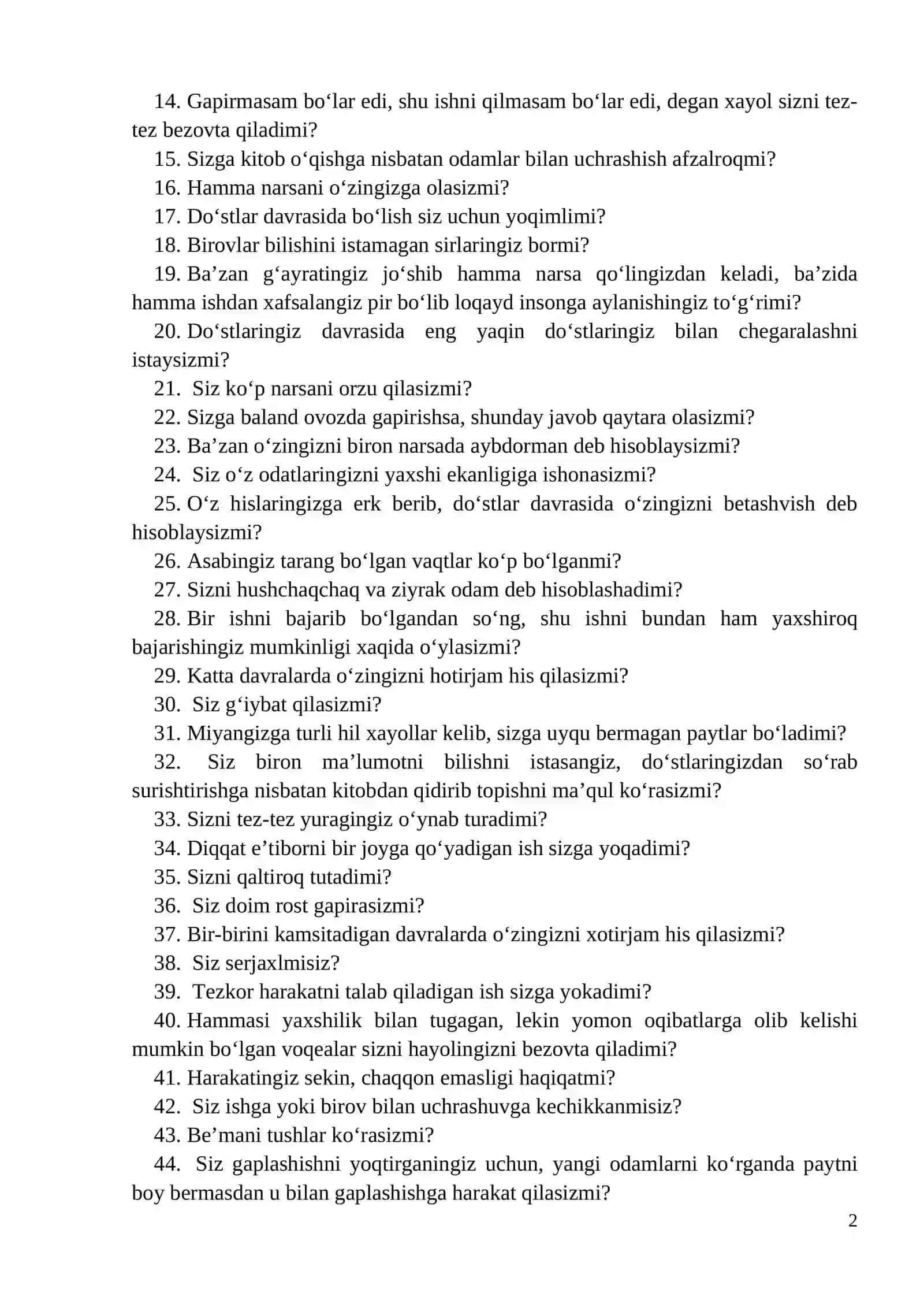 Ayzenkning so‘rovnoma - testi 2