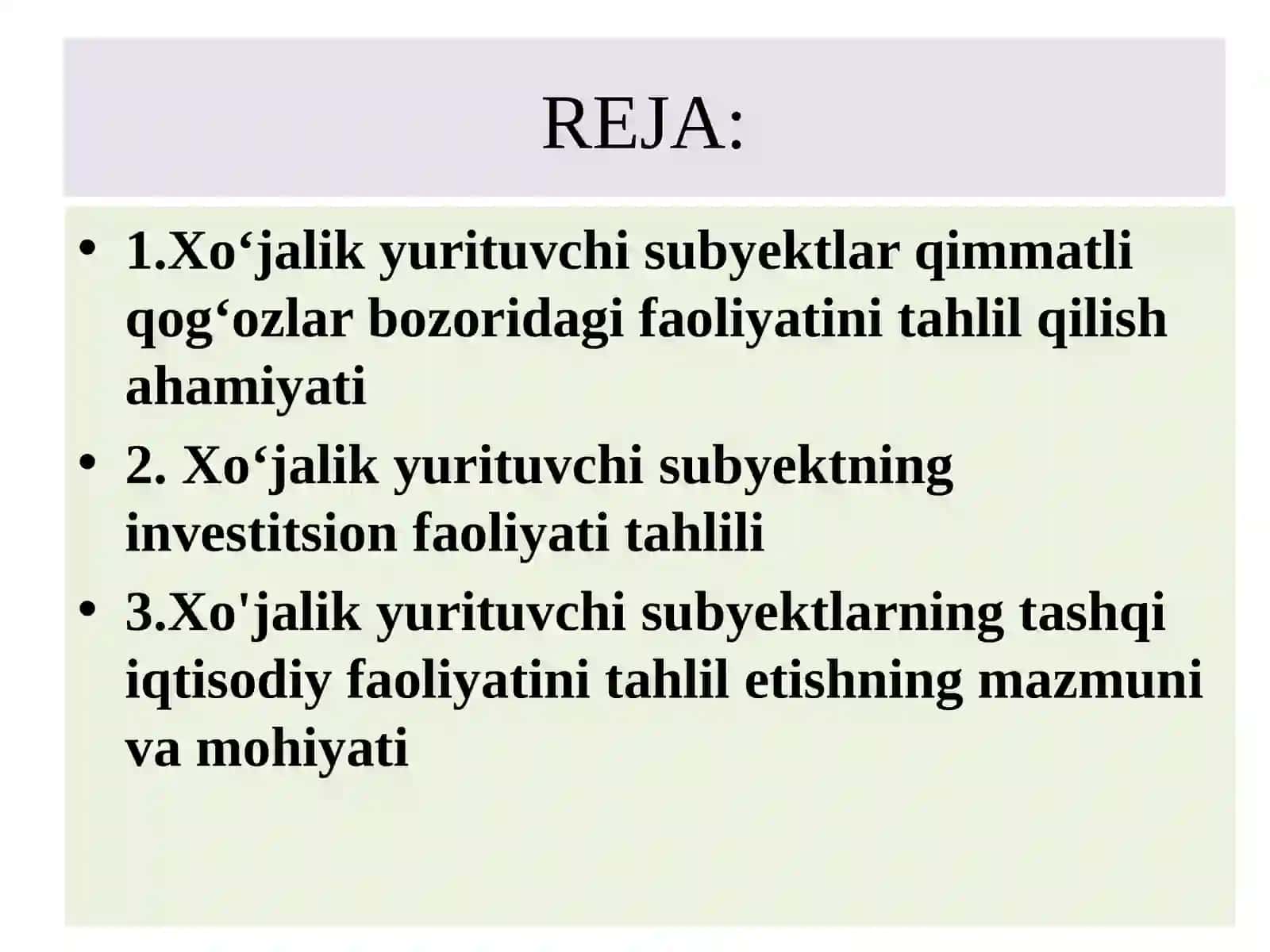 Xo‘jalikyurituvchi subyektlarning qimmatliqog‘ozlar bozoridagifaoliyati,investitsionfaoliyativatashqiiqtisodiyfaoliyati tahlili 2
