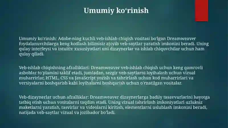 Adobe Dreamweaver Dasturining Qulayliklari 2