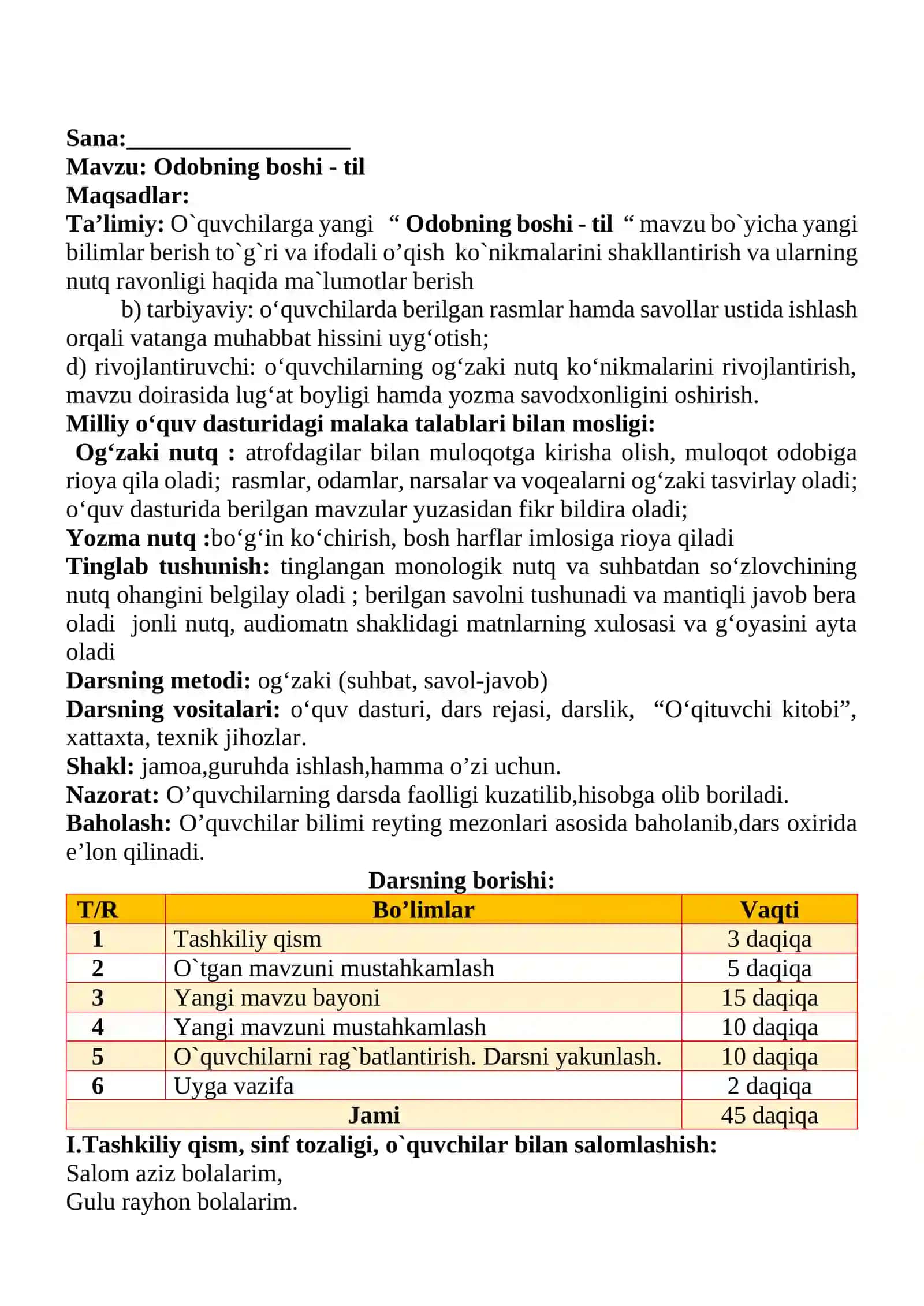 Odobning boshi - til 1-sinf o'qish savodxonligi dars ishlanmasi 2