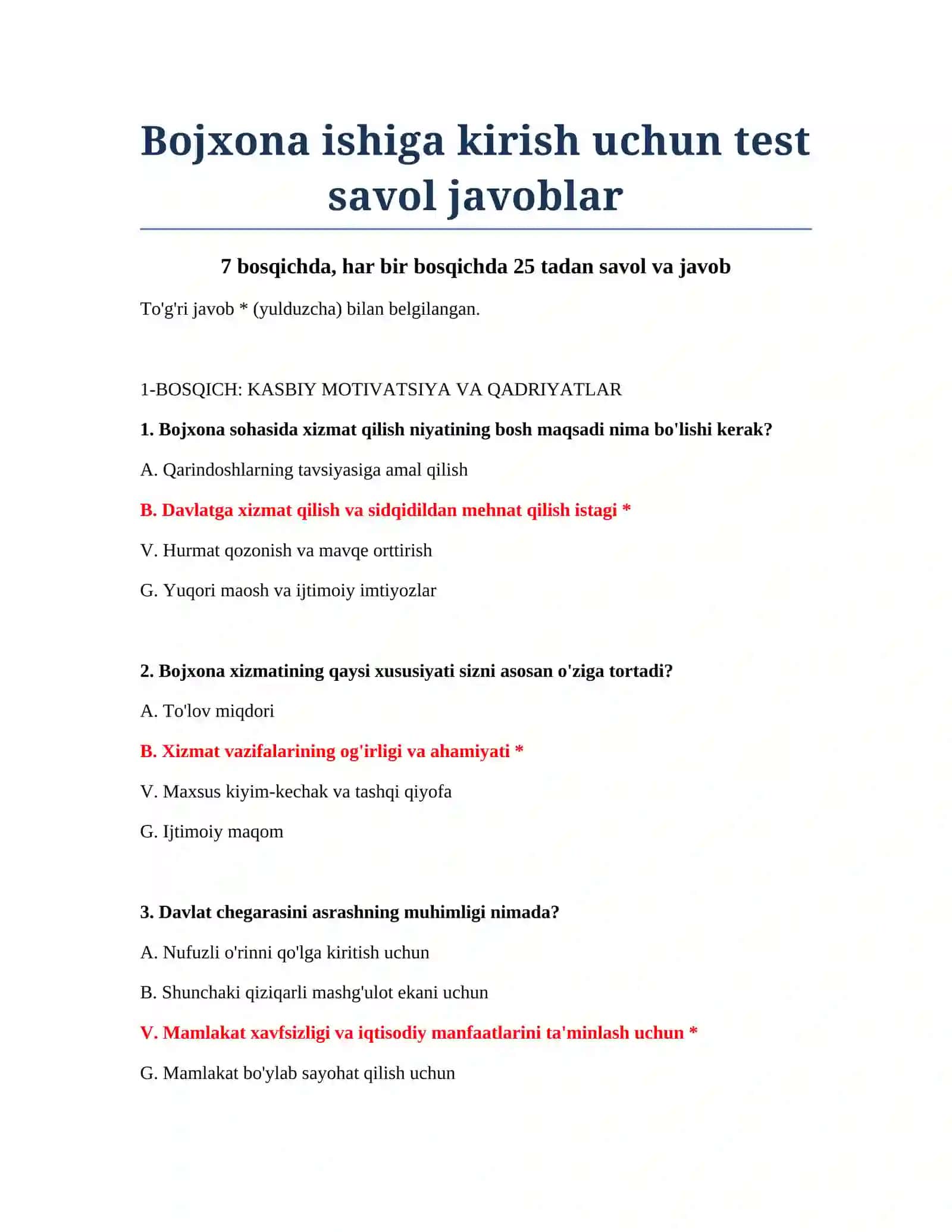 Bojxona ishiga kirish uchun test savol javoblar 2
