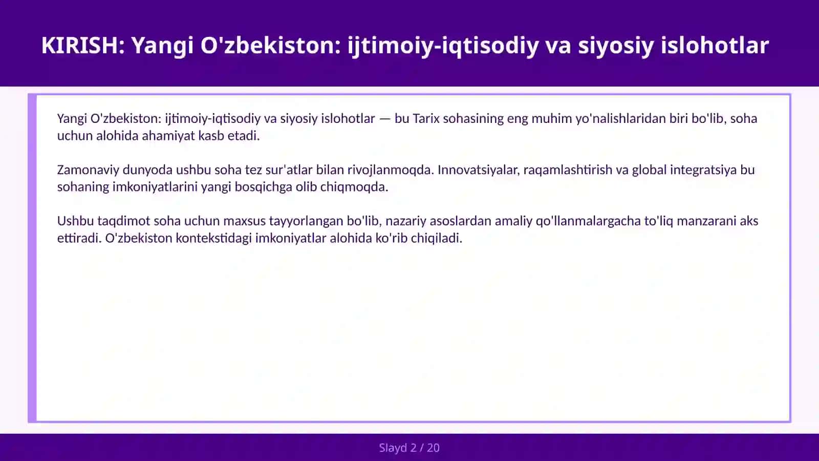 Yangi O'zbekiston: Ijtimoiy-iqtisodiy va siyosiy islohotlar 2