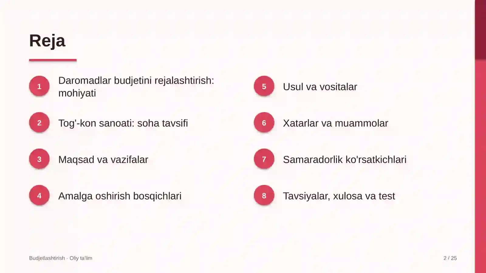 Tog'-kon sanoatida daromadlar budjetini rejalashtirish 2